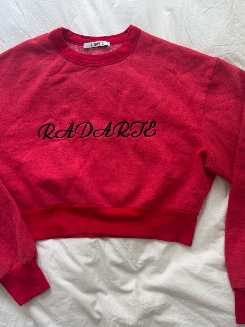 Rodarte Red Cropped Logo Sweatshirt with Black Script